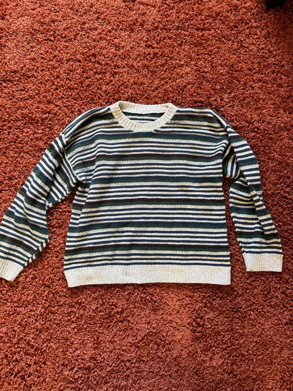 Striped Crewneck Sweater in Navy, Cream, Brown and Olive